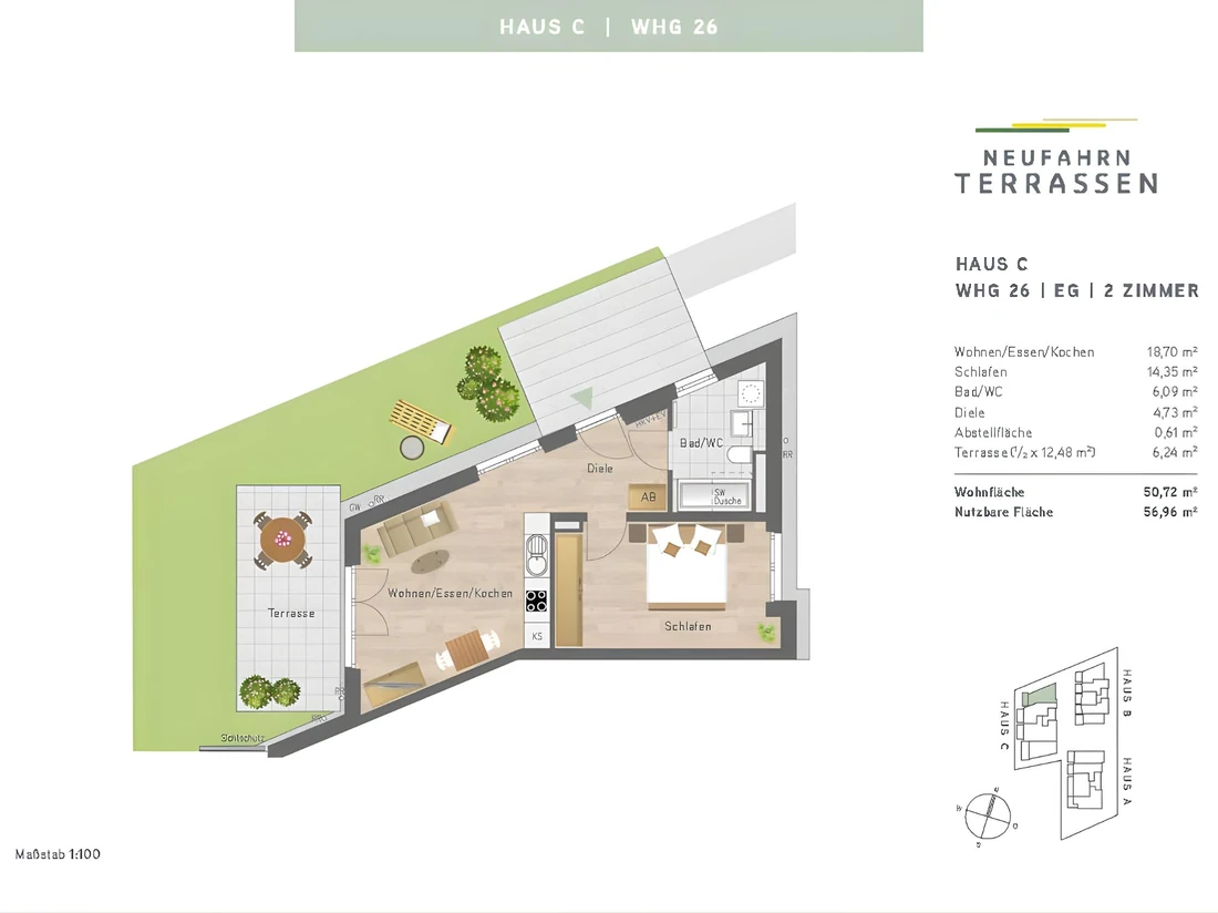 Grundriss Whg. 26 – Haus C, Erdgeschoss, 2 Zimmer