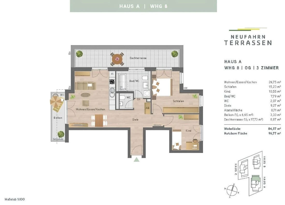Grundriss Whg. 8 – Haus A, Obergeschoss, 3 Zimmer