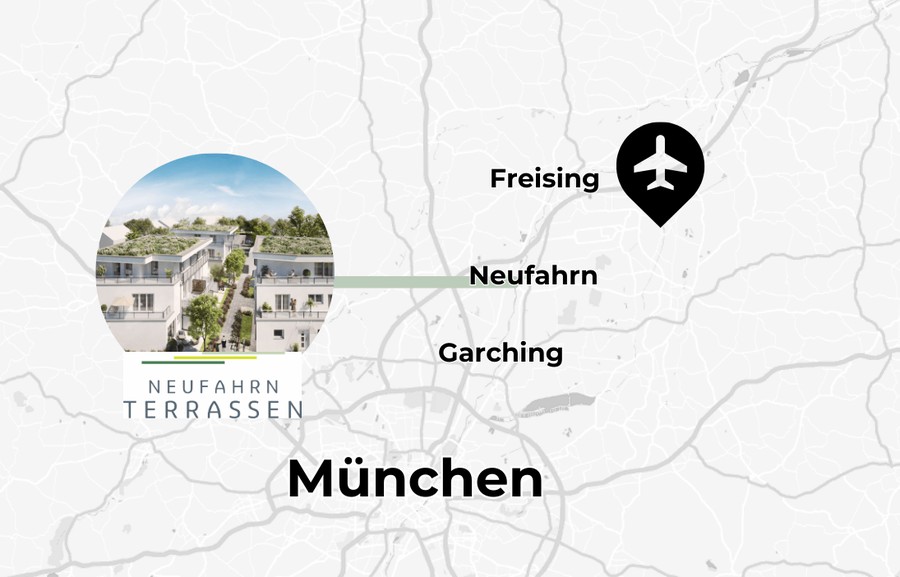 Lagekarte: Neufahrn zwischen München, Garching, Freising und dem Flughafen München