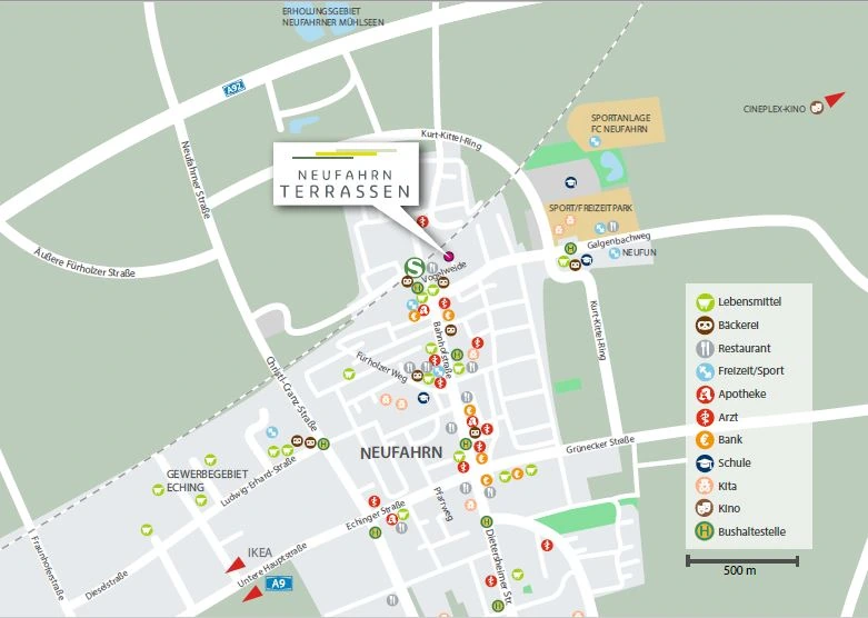 Umgebungskarte mit Lebensmitteln, Bäckerei, Restaurants, Ärzten, Schulen und Bushaltestellen rund um die Neufahrn Terrassen